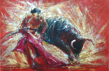 Cuadro al óleo que representa un momento de máxima solemnidad y contacto físico entre un torero y un toro.