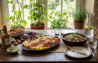 Fresh foods from the Mediterranean such as olive oil, salmon, vegetables, fruits, nuts and whole gra