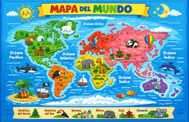 Colorful world map for kids featuring cartoon animals and landmarks with Spanish labels.