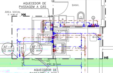 Detalhe em planta área de serviço e banheiro residencial (hidrossanitário)