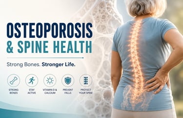 Illustration of an older adult with a highlighted spine, representing osteoporosis