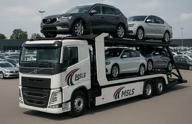 Large MSLS branded car transporter truck hauling a full load of new cars.