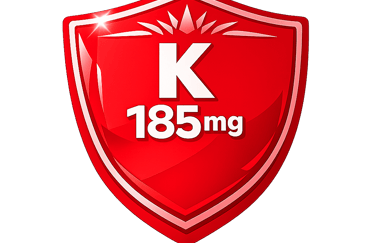 Red glossy shield icon showing 185mg of Vitamin K supplement dosage for health protection.