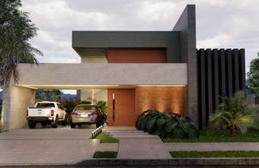 fachada contemporanea com tijolinho e ripado