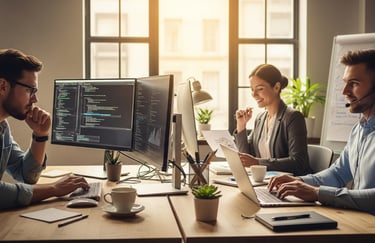 A diverse group of three professionals working on laptops in a modern co-working space.