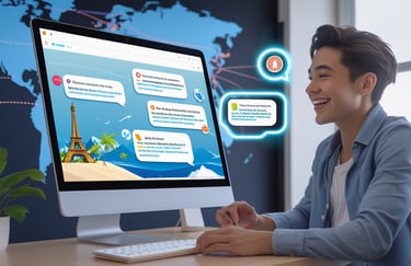 a man sitting at a desk with a computer screen displaying  chats with a chatbot