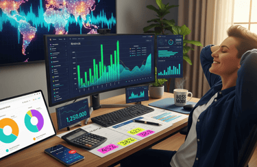 A successful blogger analyzing growth metrics on multiple screens, with a satisfied smile.