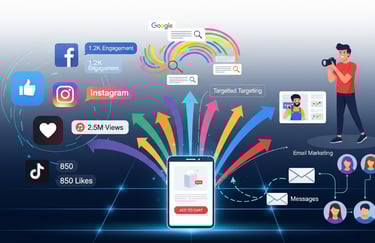 Illustration of a digital marketing network targeting a smartphone.