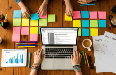 A bird's-eye view of a creative content planning session with colorful sticky notes on a table