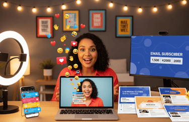 A blogger  presents to a live audience, with chat emojis and a subscriber counter visible.