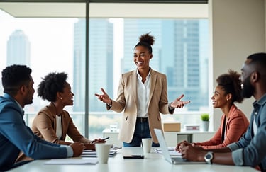 a woman in a business suit is standing in front of a group of people and communicating