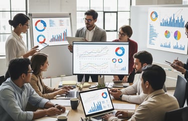 Business team reviewing charts and graphs in a data analysis meeting