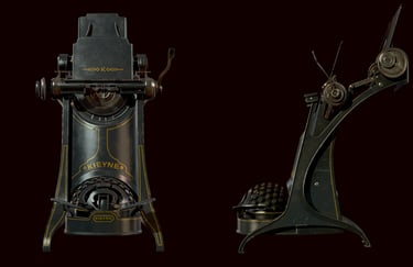 3D rendering of a typewriter recreation from Dishonored 2, featuring a dark design with gold accents
