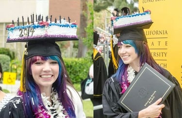 A fake cake on a graduation Cap