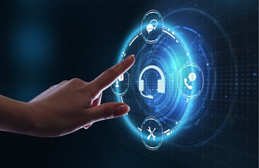 Hand interacting with digital interface representing proactive system support and user assistance