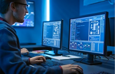 Engineer working with multi-screen control system illustrating precision in solution deployment.