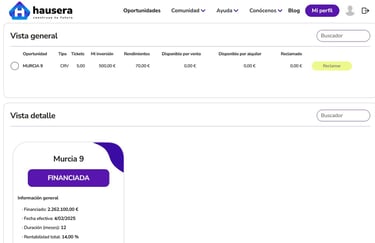 Cartera de inversión y seguimiento de proyectos en hausera