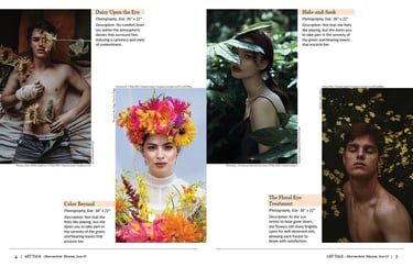 Page 6 and 7 of Art Talk catalog featuring the art collection "Portraitry & Floral Fusion."