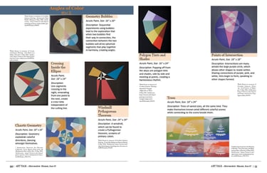 Page 10 and 11 of Art Talk catalog featuring the art collection "Angles of Color."