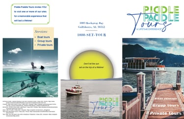 Outside pages of brochure for Piddle Paddle Tours featuring boat tours, snorkeling, and scenic marine and sunset images.