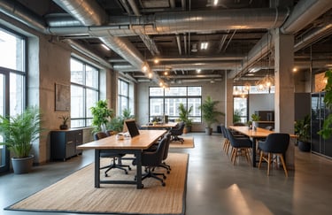 a large open space with a table and chairs