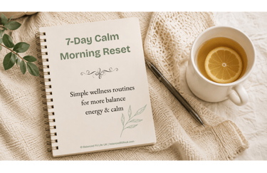 A 7-Day Calm Morning Reset wellness journal next to a cup of lemon tea on a cozy knit blanket.