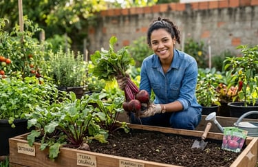 Uma mulher sorridente plantando beterrabas orgânicas em casa, em um canteiro elevado no quintal.