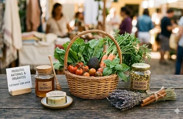 Vegetais orgânicos frescos em uma cesta de vime, com mel artesanal e ervas naturais 
