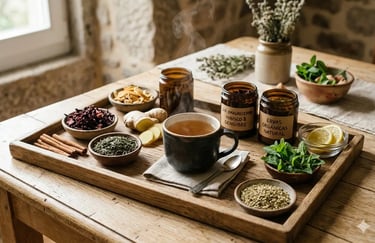 Chá de ervas fumegante em uma bandeja de madeira com gengibre, canela e hibisco orgânicos