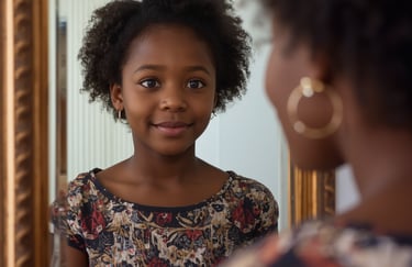 A young Black girl with natural curly hair smiles at her reflection in a gold framed mirror.