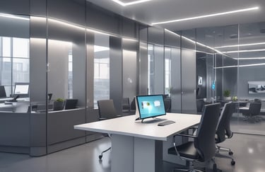 Minimalist office space with gleaming desks and cool gray tones under natural light.