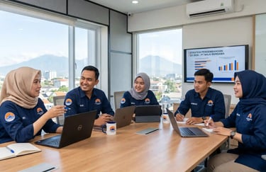 Proses meeting karyawan korporat mengenakan kemeja pdh custom premium buatan vendor konveksi jakarta