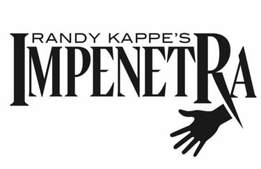 Black and white logo for Randy Kappe's Impenetra magic show featuring a hand reaching through typography.