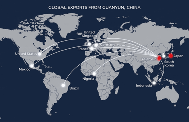 World map showing global export trade routes from velourawhisper, China to international markets.