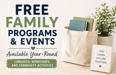Minimalist feature image for free family programs and events available year-round, including librari