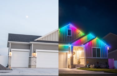 A day and night comparison of what lights look like on a house