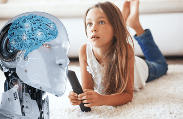 Criança assistindo tv ao lado direito e robo estilo IA na esqueda