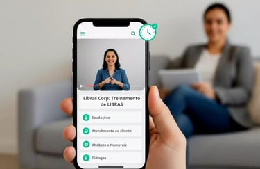 celular na mão aberto na pagina de treinamento de Libras relógio marca hora que pode estuda