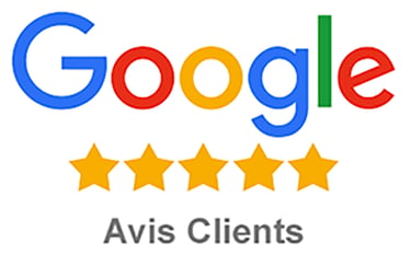 Google logo with five gold stars and Avis Clients text for customer reviews and ratings.