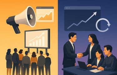 Marketing agency broadcasting with a megaphone vs. a growth agency forming a strategic partnership.