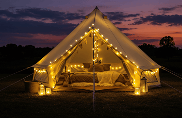 Tent with camp lights with air mattress with pillows and blankets and outdoor chair