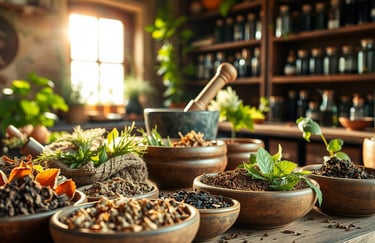 Herbal apothecary showcasing a variety of natural pain relief remedies