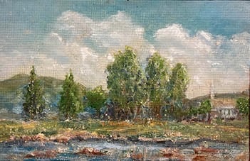 Church by Stream 12.7 x 17.78 cm   Oil on canvas  In private Collection