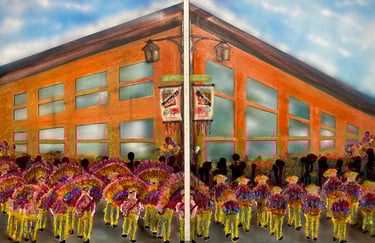 Philadelphia Mummers 2 panels 27.94 x 35.56 cm, Airbrushed, Acrylic Poured Paint, and Oils.