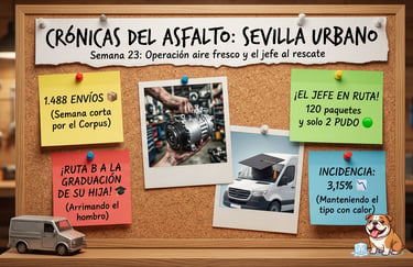 Resumen semanal de Crónicas del Asfalto en un tablero de corcho con pósits y fotos.