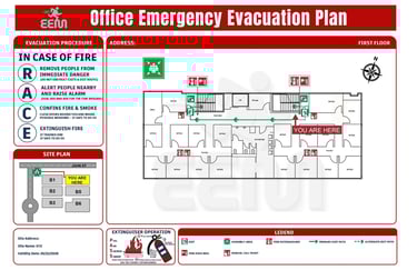 Office emergency evacuation plan template showing escape routes, fire extinguisher locations, safety