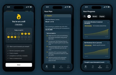 A mobile mental health app interface showing habit tracking, a personalized mindfulness plan, and progress charts.