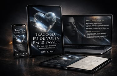 Portuguese ebook about toxic relationships displayed on a tablet, laptop, and smartphone.