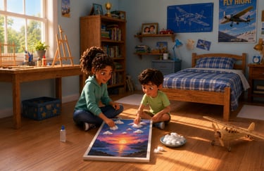 Two children, creating cotton cloud art on a sunset painting in a sunny, aviation-themed bedroom.