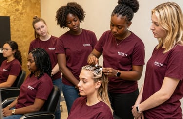 Hands applying luxurious skincare products during a professional training session.